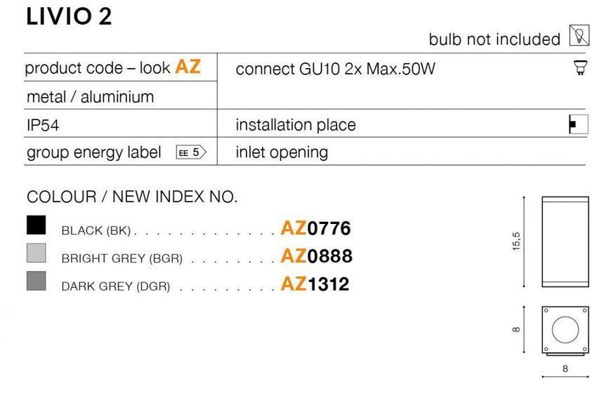 Бра вуличне Livio 2 (bright grey) Azzardo AZ0888 Azzardo_AZ0888 фото
