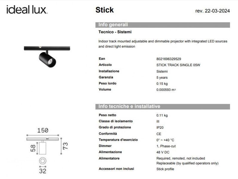 Світильник трековий STICK Ideal lux 329529 Ideal lux_329529 фото
